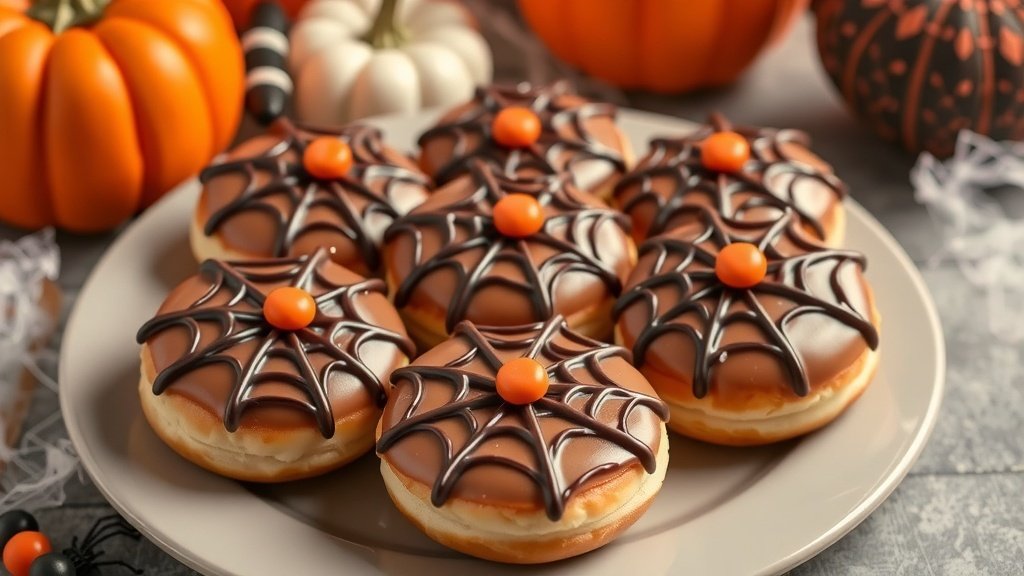 A plate of spiderweb donuts decorated with chocolate icing and candy spiders for Halloween.