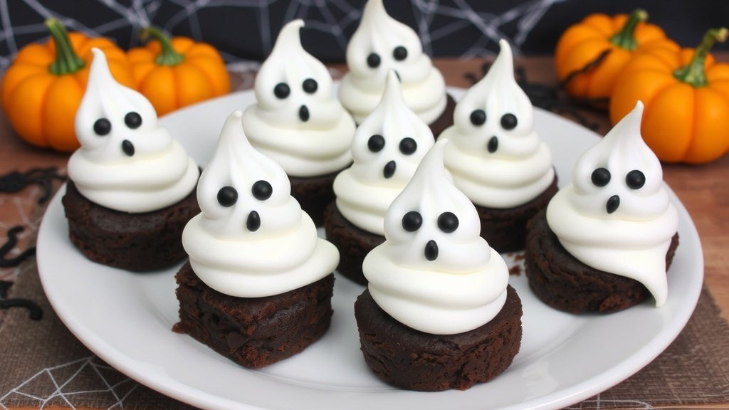 A plate of Haunted Ghost Brownies with ghostly meringue toppings and Halloween decorations.