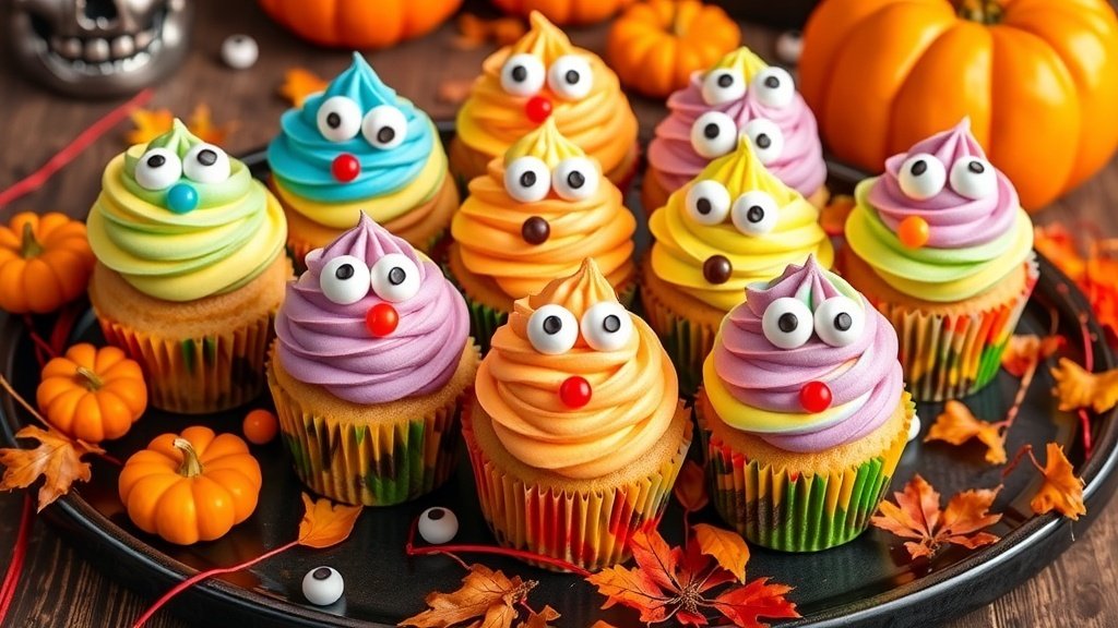 Colorful Monster Marshmallow Cupcakes decorated with candy eyes and gummy candies on a Halloween-themed platter.