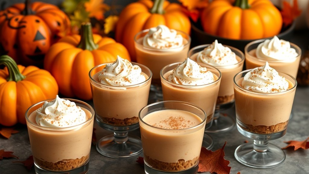 Pumpkin spice mousse cups topped with whipped cream and cinnamon, decorated for Halloween.