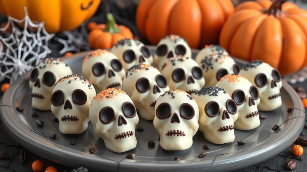 Skull-shaped chocolate truffles on a Halloween platter, decorated with edible glitter and spooky accents.