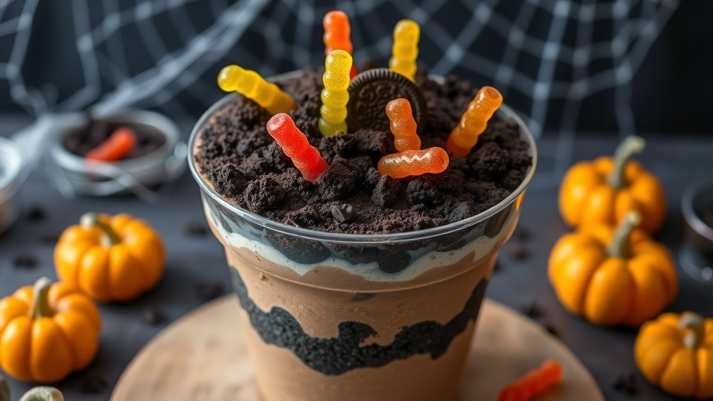 A Halloween-themed dirt cake in a flower pot with gummy worms, surrounded by Halloween decorations.