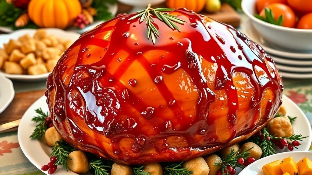 Maple-glazed ham on a festive table, garnished with herbs, ready for Thanksgiving dinner.