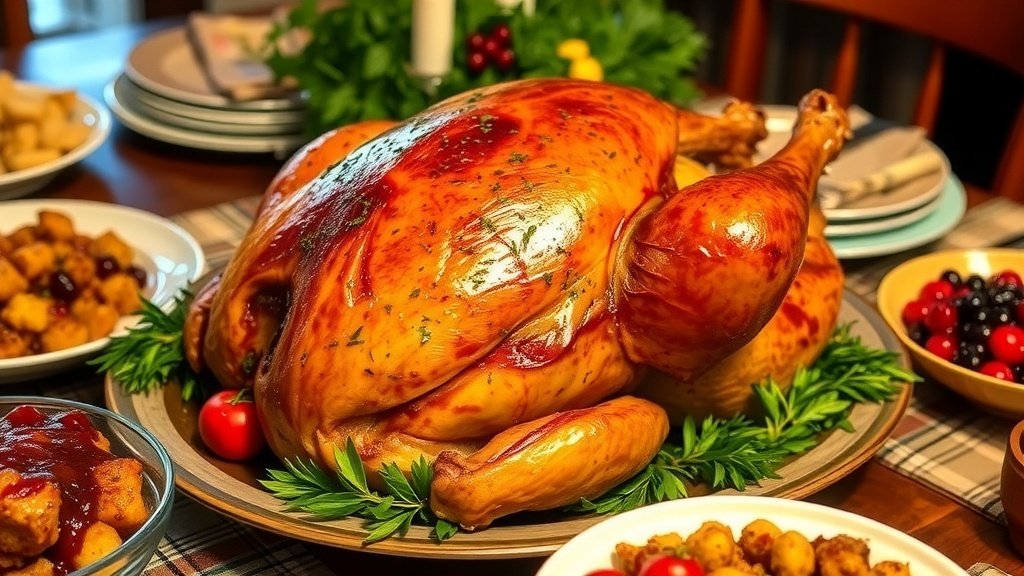 A golden-brown roasted turkey with herb butter, garnished with herbs, on a rustic table with Thanksgiving side dishes.