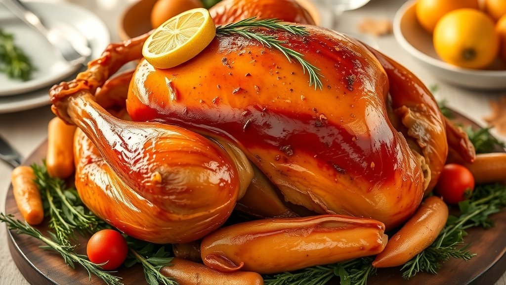 A golden roasted turkey breast with herbs and lemon, served on a wooden platter with seasonal vegetables.