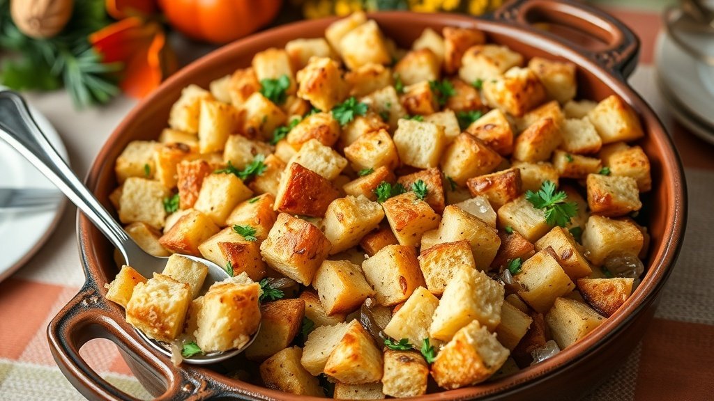 A dish of classic bread stuffing with herbs and vegetables, garnished with parsley, on a festive Thanksgiving table.