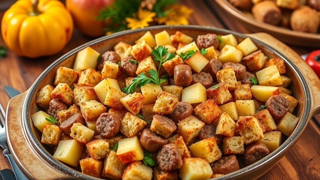 A hearty serving of sausage and apple stuffing with bread cubes and apples, garnished with parsley, on a rustic table.