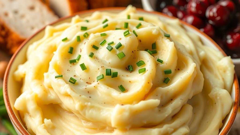 Creamy garlic mashed potatoes in a bowl with chives, served alongside turkey and cranberry sauce.