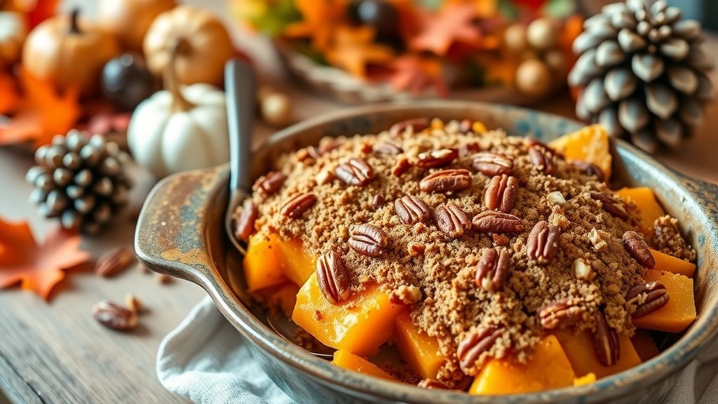 Sweet Potato Casserole with Pecan Crumble in a baking dish, garnished with pecans, on a Thanksgiving table.