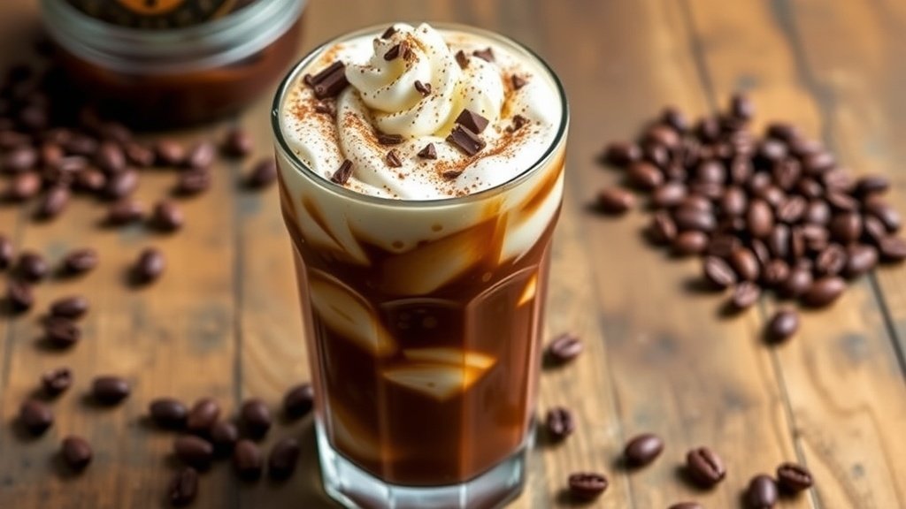 A glass of Spicy Mexican Mocha Iced Coffee with whipped cream and chocolate shavings on a wooden table.