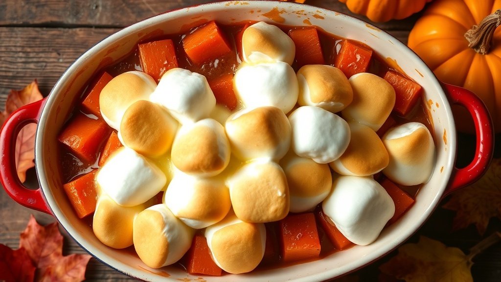 A serving of candied yams with marshmallows, topped with toasted marshmallows, on a rustic table with autumn decorations.