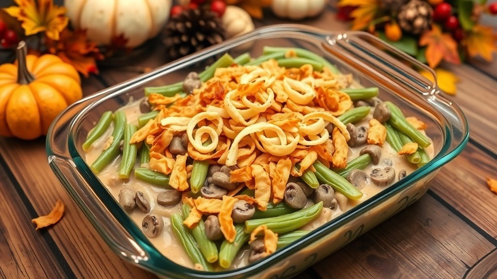 A delicious green bean casserole topped with crispy fried onions, served in a glass baking dish on a rustic table.