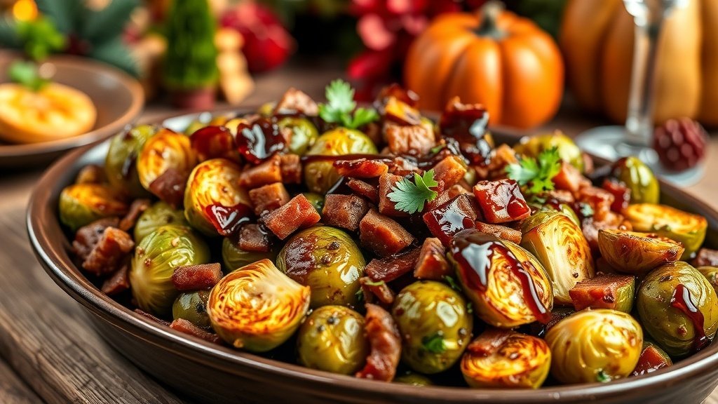 Roasted Brussels sprouts with bacon and balsamic glaze, garnished with parsley, on a rustic table.