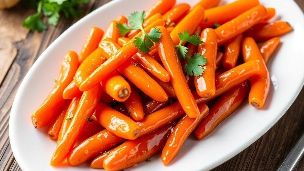 A plate of honey-glazed carrots garnished with parsley, showcasing their golden color and glossy finish.