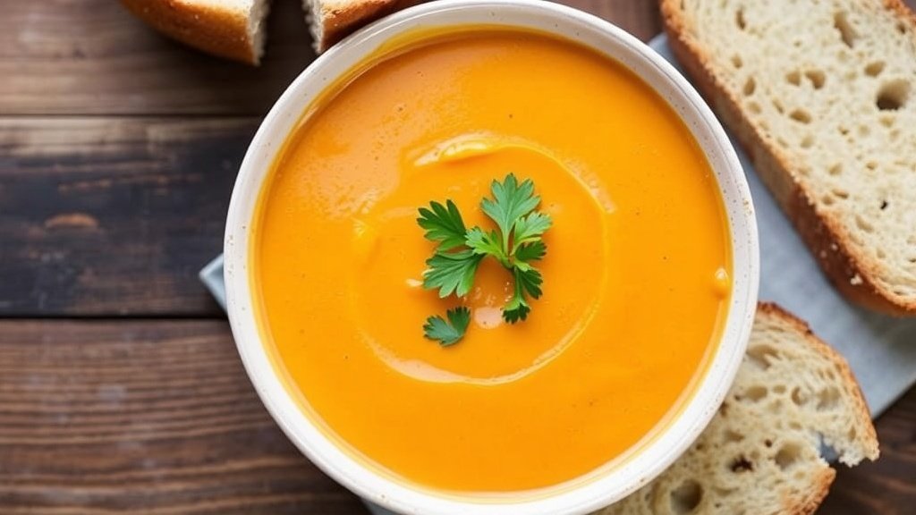 A bowl of creamy butternut squash soup garnished with parsley, accompanied by crusty bread on a rustic table.