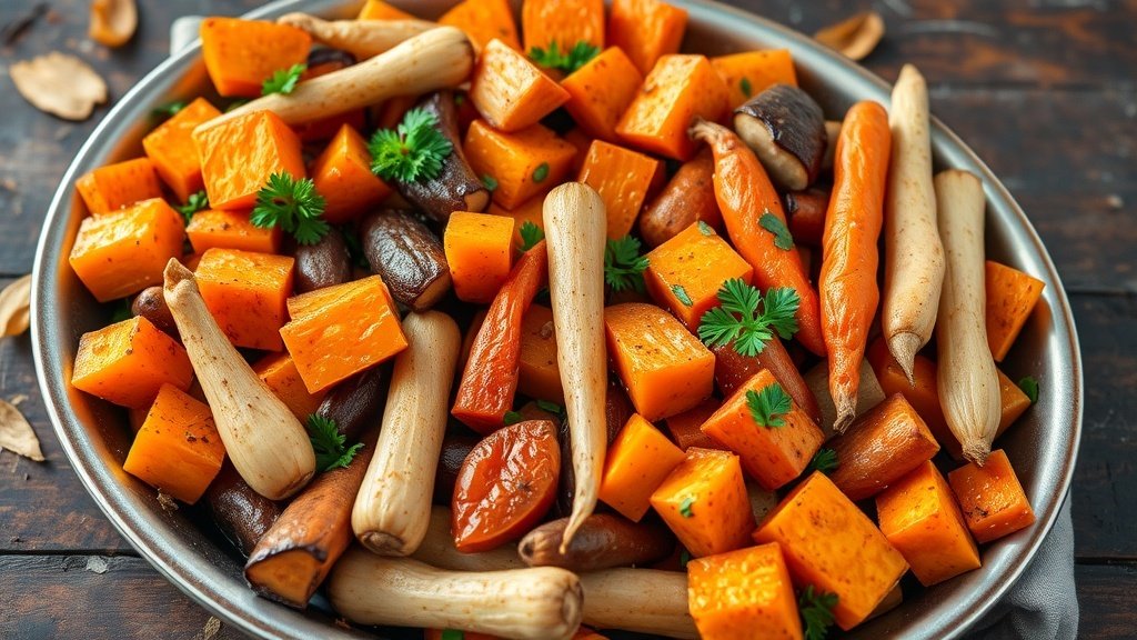 A colorful assortment of roasted root vegetables including sweet potatoes, carrots, and parsnips garnished with parsley on a wooden table.