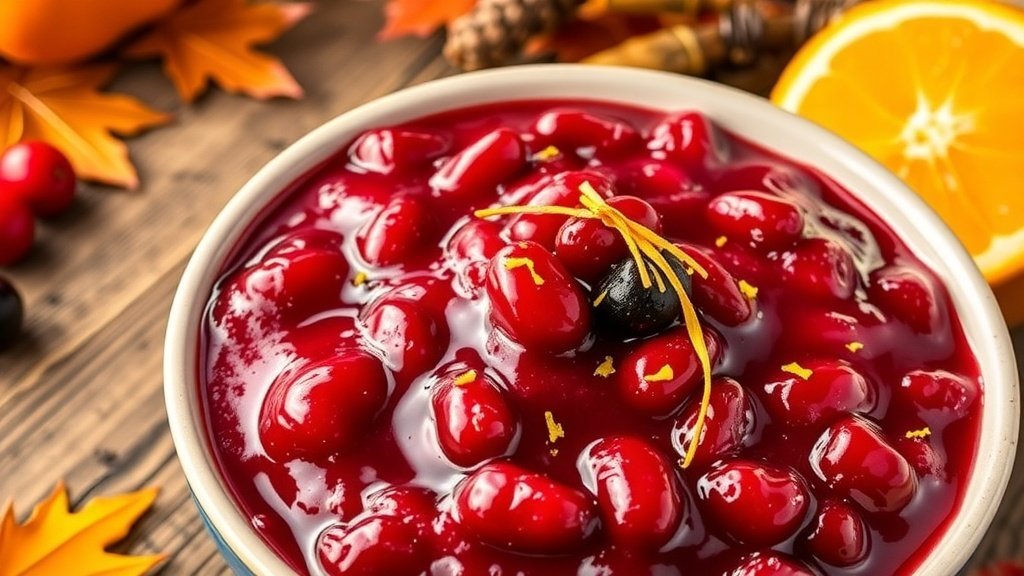 A bowl of cranberry sauce with orange zest, garnished with whole cranberries and orange zest, on a rustic table with autumn leaves.