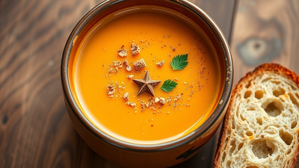 A bowl of creamy pumpkin soup with nutmeg, garnished with parsley, and a slice of bread on a rustic table.