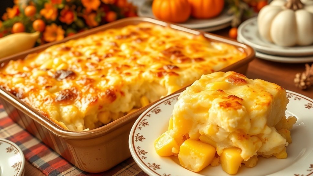 A golden brown corn pudding casserole on a Thanksgiving table, with autumn decorations.