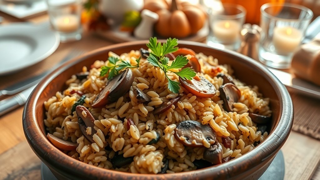 A bowl of wild rice pilaf with mushrooms and parsley on a rustic table, ideal for Thanksgiving.