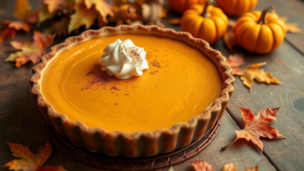 A classic pumpkin pie with whipped cream and cinnamon, surrounded by autumn decorations.