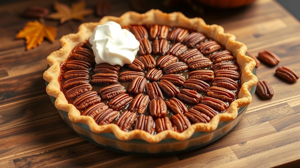 A classic pecan pie with a golden crust and glossy pecan filling on a wooden table, served with whipped cream.