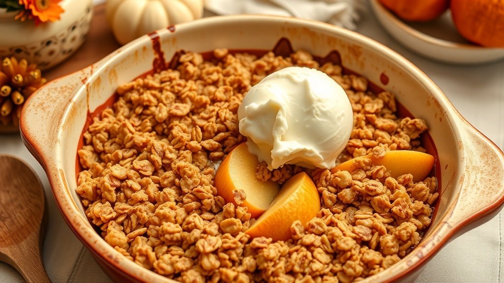 A delicious apple crisp with oat topping served in a baking dish, topped with melting vanilla ice cream.