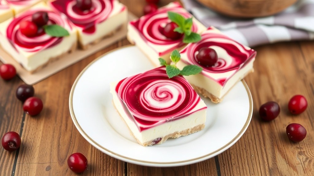 Cranberry cheesecake bars with a creamy filling and cranberry topping, garnished with fresh cranberries on a rustic plate.