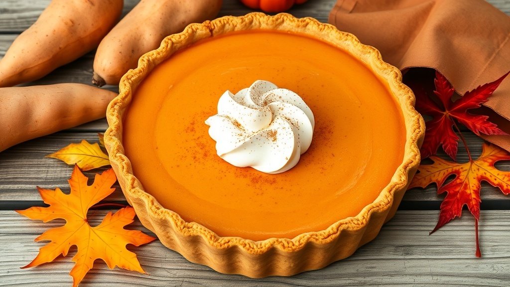 A classic sweet potato pie with a golden crust and whipped cream, surrounded by sweet potatoes and autumn decorations.