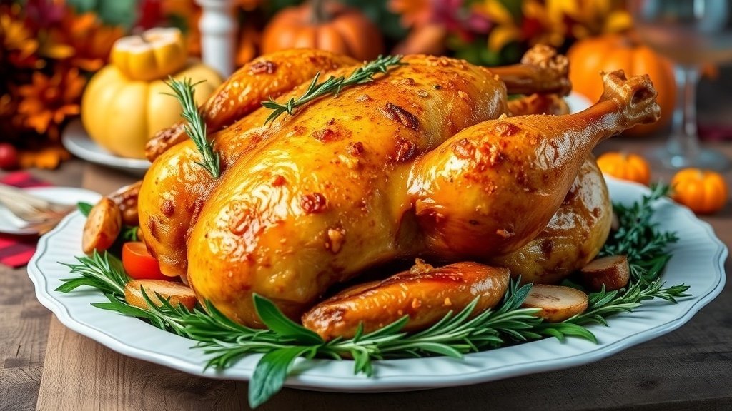 A golden brown deep-fried turkey on a platter, garnished with herbs, ready for Thanksgiving dinner.