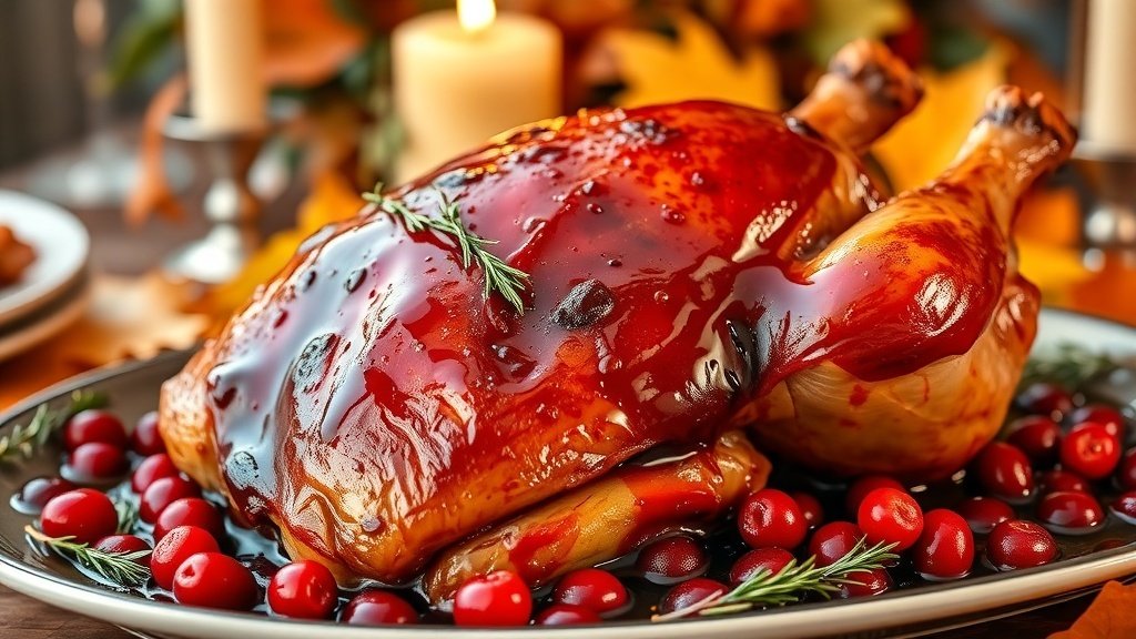 Roasted duck with cranberry glaze on a festive table, garnished with herbs and surrounded by cranberry sauce.