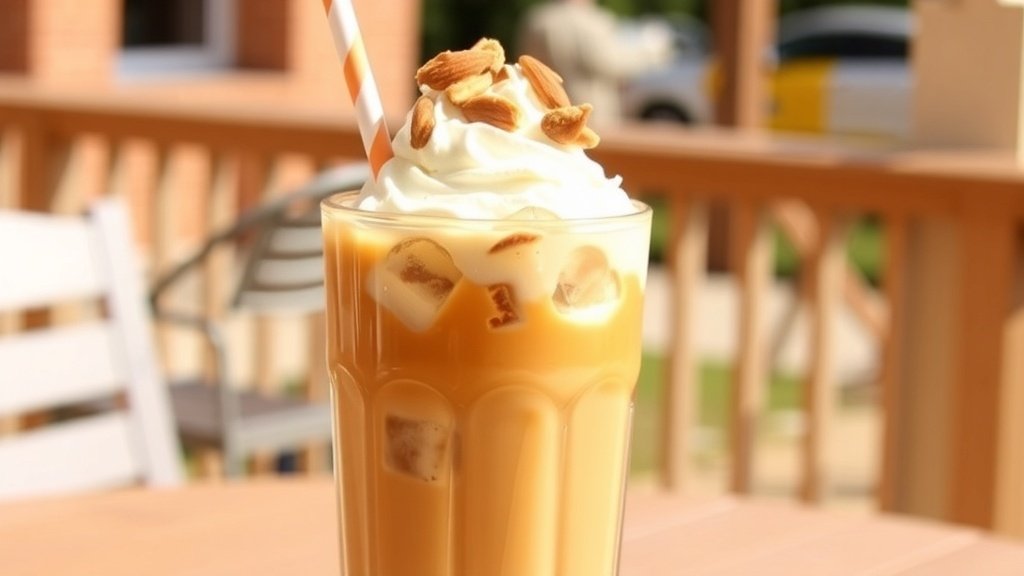 A tall glass of iced coffee latte with whipped cream and almonds, set in a sunny outdoor scene.