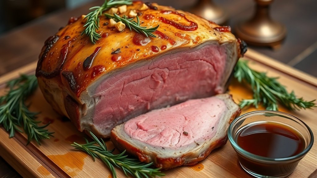 A succulent garlic herb prime rib roast, sliced to reveal juicy pink meat, garnished with herbs and served with gravy.