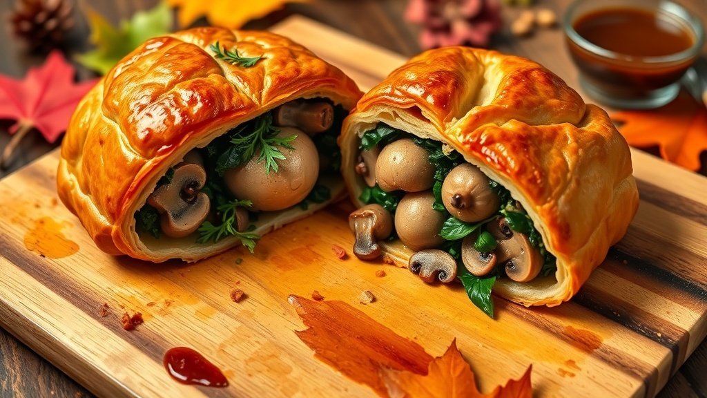 Golden Vegetarian Mushroom Wellington with mushroom filling on a rustic table.