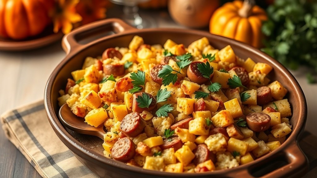 Cornbread and sausage dressing in a baking dish, garnished with parsley, on a Thanksgiving table.