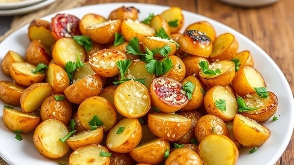 A serving of roasted garlic Parmesan potatoes, crispy and golden, garnished with parsley on a rustic table.