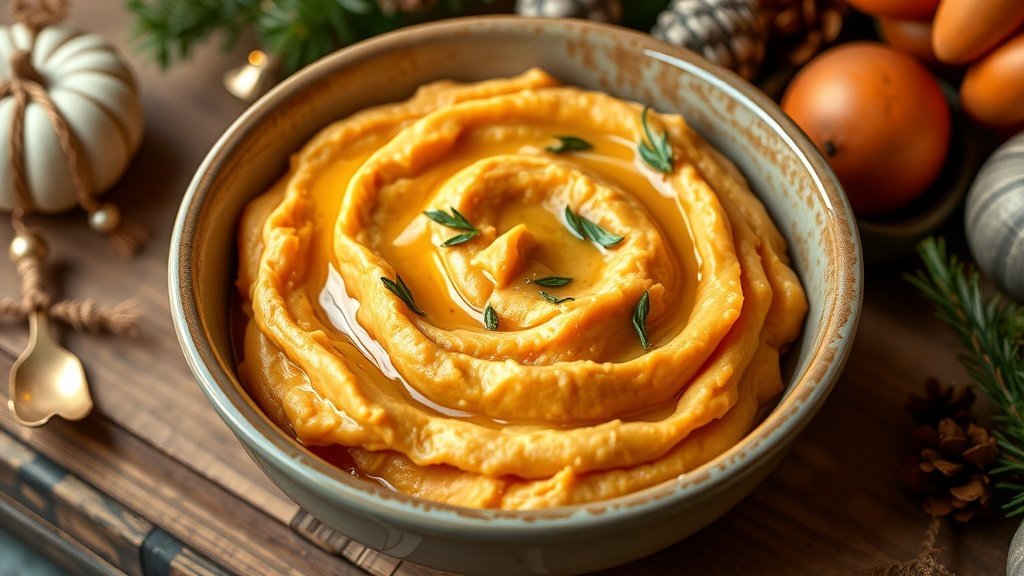 Creamy mashed sweet potatoes with brown butter in a bowl, garnished with herbs, on a rustic table.