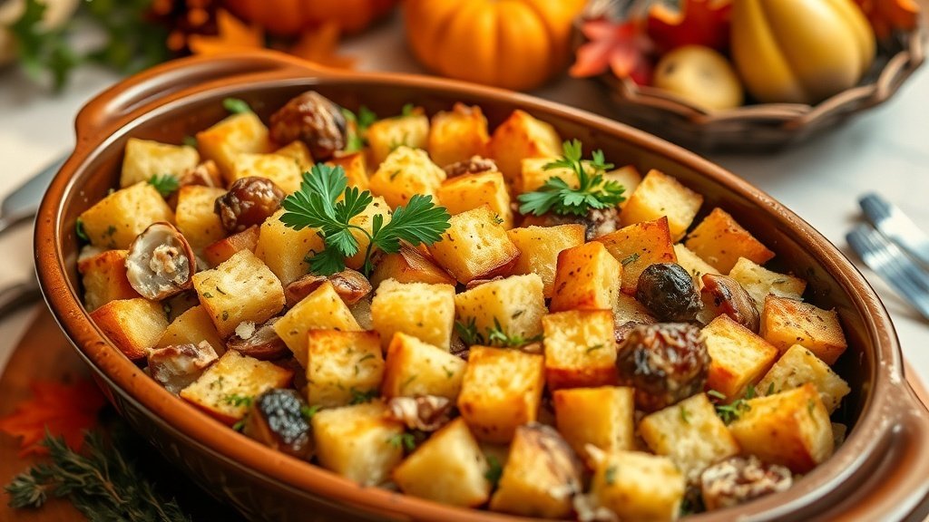 A golden brown oyster stuffing in a baking dish, garnished with parsley, on a Thanksgiving table.