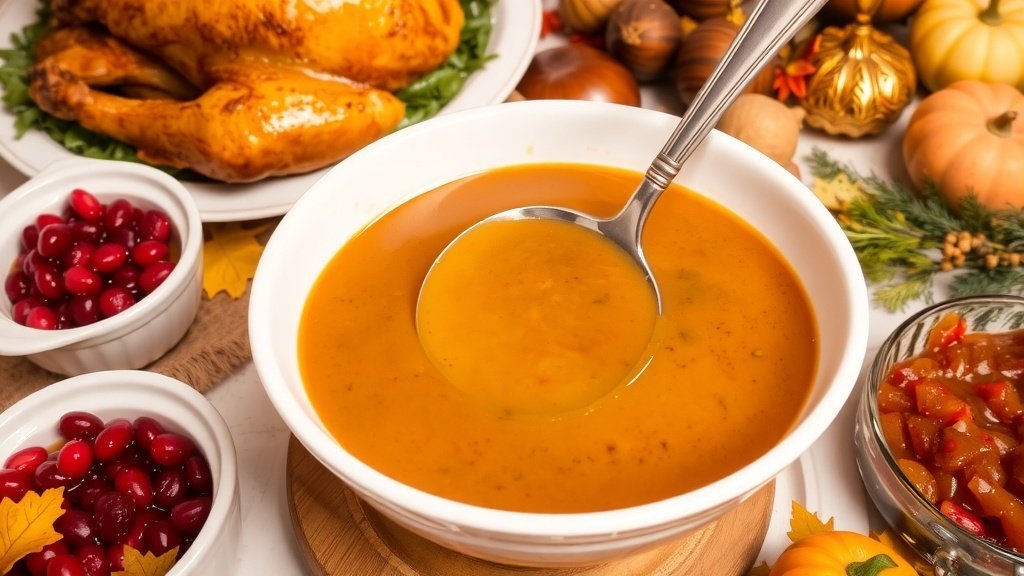 A bowl of turkey giblet gravy on a Thanksgiving table with roasted turkey and festive decorations.