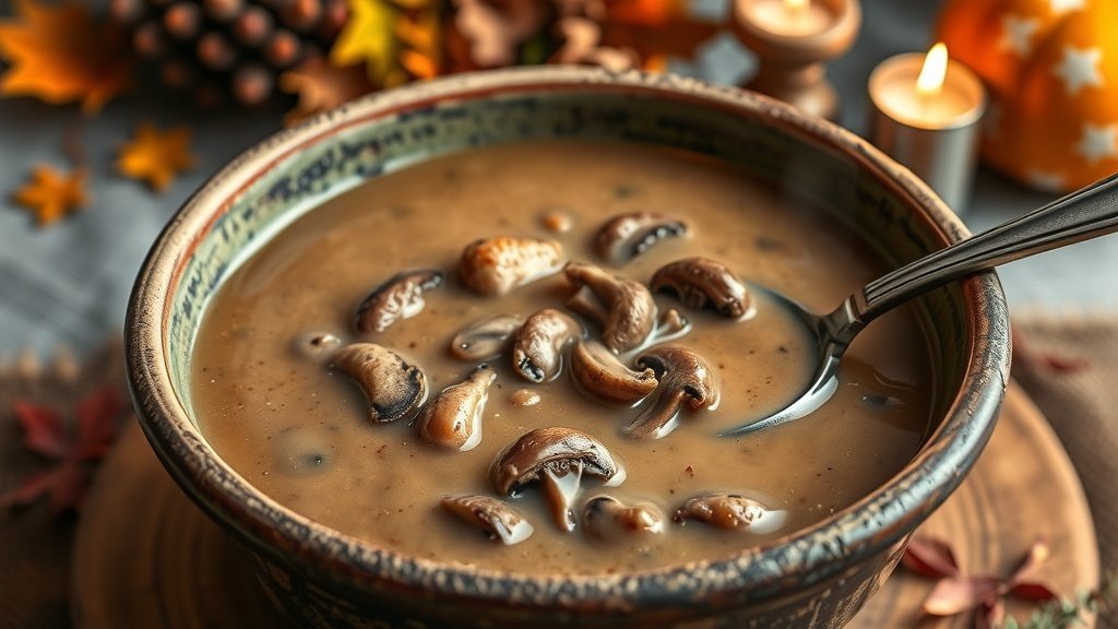 Savory wild mushroom gravy in a bowl, perfect for Thanksgiving, with a festive table setting.