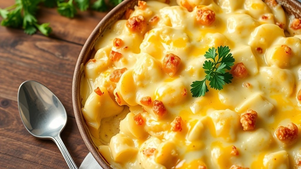 Cheesy scalloped potatoes in a baking dish, topped with melted cheese and garnished with parsley.