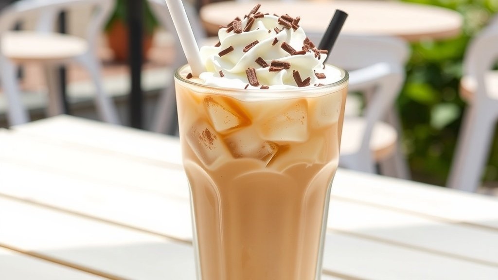 A glass of creamy white chocolate iced coffee with whipped cream and chocolate shavings on a sunny table.