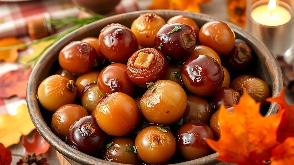 Glazed pearl onions in a bowl, garnished with herbs, on a Thanksgiving table.