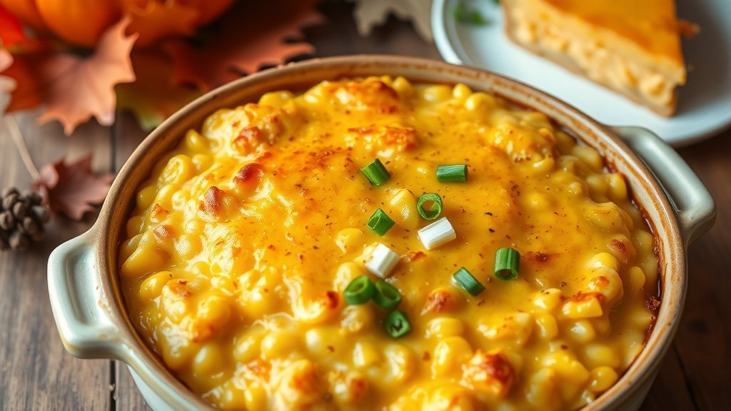 Creamed corn casserole in a rustic dish, golden brown on top, garnished with green onions, on a wooden table with Thanksgiving decor.