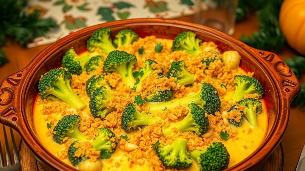 Cheesy broccoli bake with breadcrumbs, served in a rustic dish, garnished with parsley.