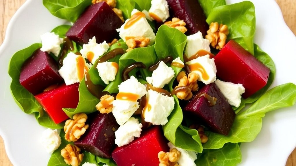 A vibrant roasted beet and goat cheese salad with mixed greens and walnuts, drizzled with balsamic vinaigrette.
