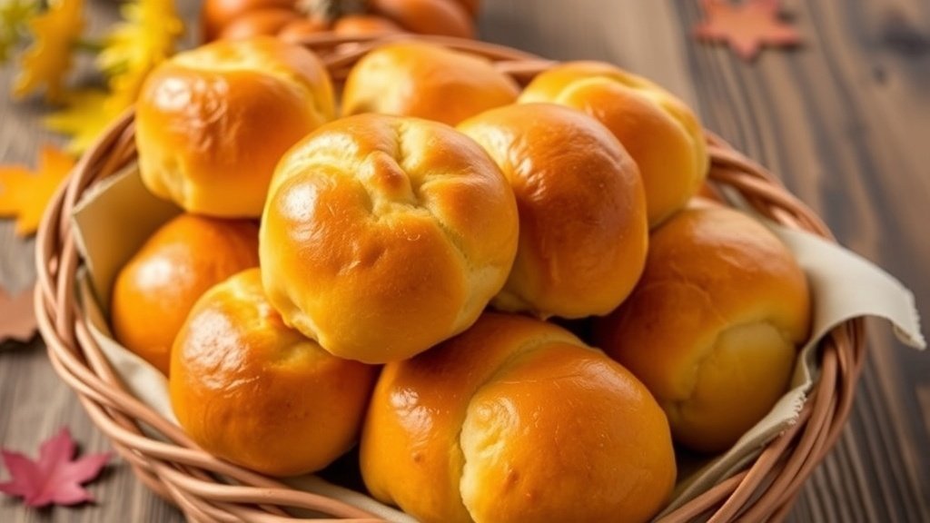 A basket of golden pumpkin dinner rolls with melted butter, surrounded by autumn decorations.