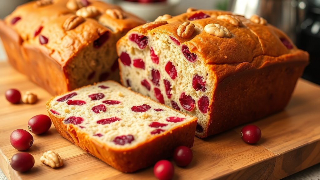Sliced cranberry walnut bread with cranberries and walnuts on a wooden board.