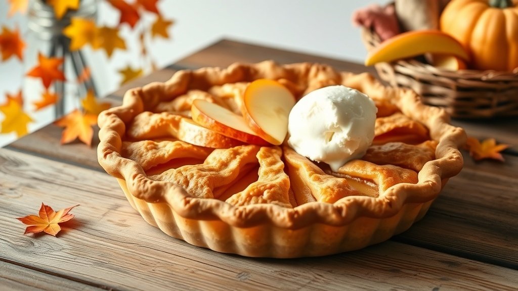 Apple pie with cheddar crust on a wooden table, garnished with apple slices and ice cream.