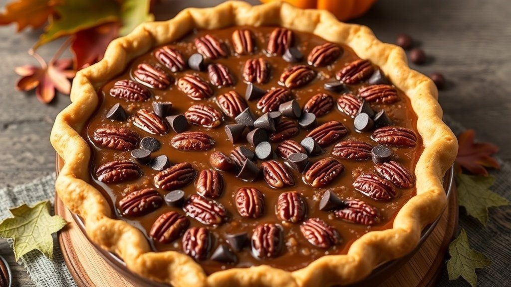 Chocolate Bourbon Pecan Pie with pecans and chocolate chips on a wooden table with autumn decorations.
